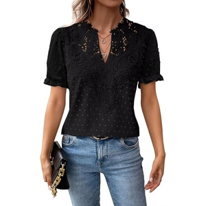 image:imageFalechay Womens Summer Tops Boho Short Sleeve Shirts V Neck Casual Chiffon Blouses Flowy Lace Hem Spring Clothing Trendy 2025Black