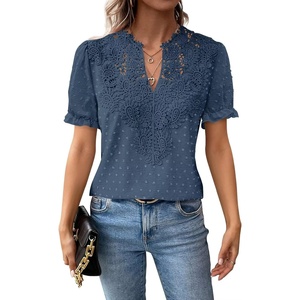 image:imageFalechay Womens Summer Tops Boho Short Sleeve Shirts V Neck Casual Chiffon Blouses Flowy Lace Hem Spring Clothing Trendy 2025Blue