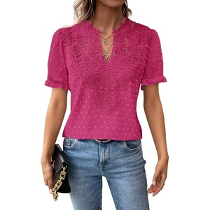 image:imageFalechay Womens Summer Tops Boho Short Sleeve Shirts V Neck Casual Chiffon Blouses Flowy Lace Hem Spring Clothing Trendy 2025Hot Pink