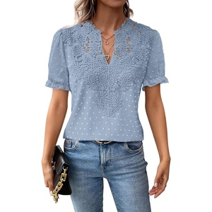 image:imageFalechay Womens Summer Tops Boho Short Sleeve Shirts V Neck Casual Chiffon Blouses Flowy Lace Hem Spring Clothing Trendy 2025Light Blue