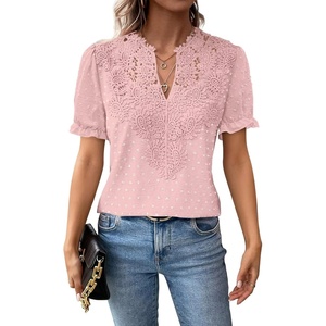 image:imageFalechay Womens Summer Tops Boho Short Sleeve Shirts V Neck Casual Chiffon Blouses Flowy Lace Hem Spring Clothing Trendy 2025Light Pink