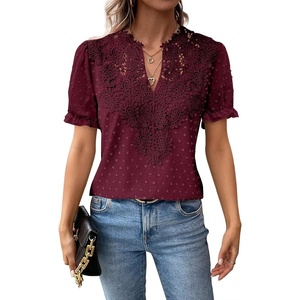 image:imageFalechay Womens Summer Tops Boho Short Sleeve Shirts V Neck Casual Chiffon Blouses Flowy Lace Hem Spring Clothing Trendy 2025Mulberry