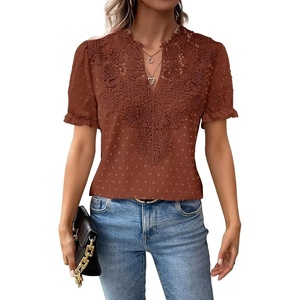 image:imageFalechay Womens Summer Tops Boho Short Sleeve Shirts V Neck Casual Chiffon Blouses Flowy Lace Hem Spring Clothing Trendy 2025Orange