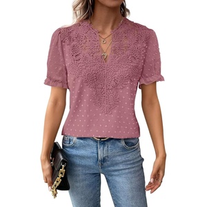 image:imageFalechay Womens Summer Tops Boho Short Sleeve Shirts V Neck Casual Chiffon Blouses Flowy Lace Hem Spring Clothing Trendy 2025Pink