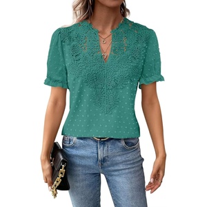 image:imageFalechay Womens Summer Tops Boho Short Sleeve Shirts V Neck Casual Chiffon Blouses Flowy Lace Hem Spring Clothing Trendy 2025Turquoise