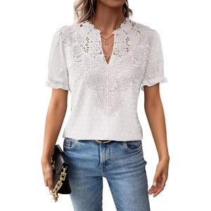 image:imageFalechay Womens Summer Tops Boho Short Sleeve Shirts V Neck Casual Chiffon Blouses Flowy Lace Hem Spring Clothing Trendy 2025White