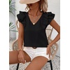 image:imageFalechay Womens Bow Tie Back Tops V Neck Ruffle Short Sleeve Shirts Cute Babydoll Chiffon Tee Women Summer Trendy TunicBlack
