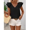 image:imageFalechay Womens Bow Tie Back Tops V Neck Ruffle Short Sleeve Shirts Cute Babydoll Chiffon Tee Women Summer Trendy TunicBlack