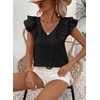 image:imageFalechay Womens Bow Tie Back Tops V Neck Ruffle Short Sleeve Shirts Cute Babydoll Chiffon Tee Women Summer Trendy TunicBlack1