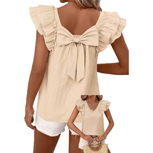image:imageFalechay Womens Bow Tie Back Tops V Neck Ruffle Short Sleeve Shirts Cute Babydoll Chiffon Tee Women Summer Trendy TunicApricot