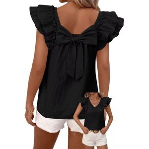 image:imageFalechay Womens Bow Tie Back Tops V Neck Ruffle Short Sleeve Shirts Cute Babydoll Chiffon Tee Women Summer Trendy TunicBlack1