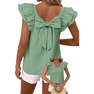 image:imageFalechay Womens Bow Tie Back Tops V Neck Ruffle Short Sleeve Shirts Cute Babydoll Chiffon Tee Women Summer Trendy TunicBright Green