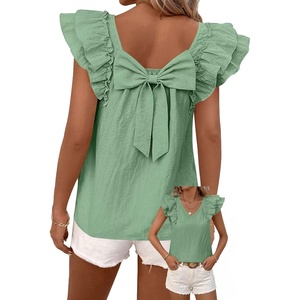 image:imageFalechay Womens Bow Tie Back Tops V Neck Ruffle Short Sleeve Shirts Cute Babydoll Chiffon Tee Women Summer Trendy TunicBright Green1