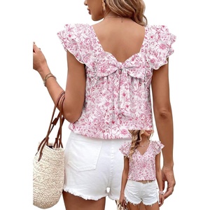 image:imageFalechay Womens Bow Tie Back Tops V Neck Ruffle Short Sleeve Shirts Cute Babydoll Chiffon Tee Women Summer Trendy TunicFloral Pink1