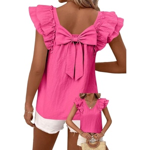 image:imageFalechay Womens Bow Tie Back Tops V Neck Ruffle Short Sleeve Shirts Cute Babydoll Chiffon Tee Women Summer Trendy TunicHot Pink