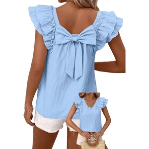image:imageFalechay Womens Bow Tie Back Tops V Neck Ruffle Short Sleeve Shirts Cute Babydoll Chiffon Tee Women Summer Trendy TunicLight Blue