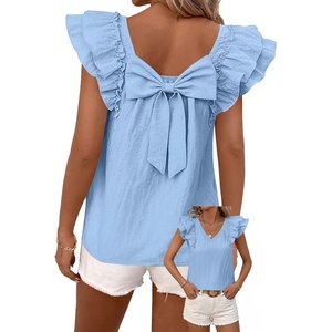 image:imageFalechay Womens Bow Tie Back Tops V Neck Ruffle Short Sleeve Shirts Cute Babydoll Chiffon Tee Women Summer Trendy TunicLight Blue1