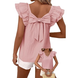 image:imageFalechay Womens Bow Tie Back Tops V Neck Ruffle Short Sleeve Shirts Cute Babydoll Chiffon Tee Women Summer Trendy TunicPink
