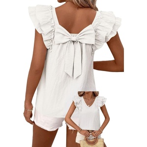 image:imageFalechay Womens Bow Tie Back Tops V Neck Ruffle Short Sleeve Shirts Cute Babydoll Chiffon Tee Women Summer Trendy TunicWhite