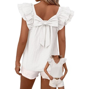 image:imageFalechay Womens Bow Tie Back Tops V Neck Ruffle Short Sleeve Shirts Cute Babydoll Chiffon Tee Women Summer Trendy TunicWhite1