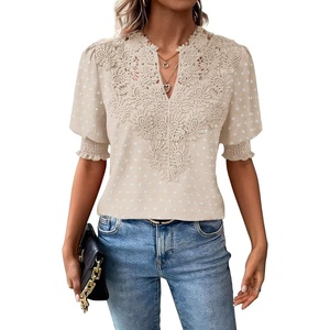 image:imageFalechay Womens Tops Swiss Dot Boho Short Sleeve Shirts V Neck Casual Chiffon Blouses Flowy Lace Cute Clothing Trendy 2026Apricot1