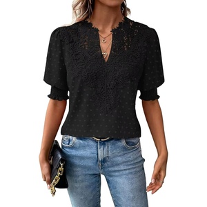 image:imageFalechay Womens Tops Swiss Dot Boho Short Sleeve Shirts V Neck Casual Chiffon Blouses Flowy Lace Cute Clothing Trendy 2026Black