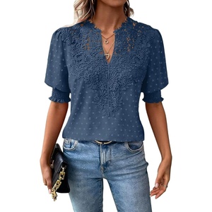 image:imageFalechay Womens Tops Swiss Dot Boho Short Sleeve Shirts V Neck Casual Chiffon Blouses Flowy Lace Cute Clothing Trendy 2026Blue