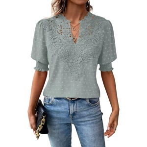 image:imageFalechay Womens Tops Swiss Dot Boho Short Sleeve Shirts V Neck Casual Chiffon Blouses Flowy Lace Cute Clothing Trendy 2026Green1