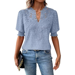 image:imageFalechay Womens Tops Swiss Dot Boho Short Sleeve Shirts V Neck Casual Chiffon Blouses Flowy Lace Cute Clothing Trendy 2026Light Blue