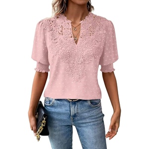 image:imageFalechay Womens Tops Swiss Dot Boho Short Sleeve Shirts V Neck Casual Chiffon Blouses Flowy Lace Cute Clothing Trendy 2026Light Pink