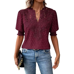 image:imageFalechay Womens Tops Swiss Dot Boho Short Sleeve Shirts V Neck Casual Chiffon Blouses Flowy Lace Cute Clothing Trendy 2026Mulberry