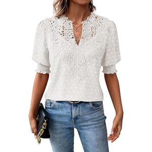 image:imageFalechay Womens Tops Swiss Dot Boho Short Sleeve Shirts V Neck Casual Chiffon Blouses Flowy Lace Cute Clothing Trendy 2026White1