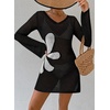 image:imageFalechay Womens Swimsuit Cover Up Long Sleeve Crochet Bathing Suit Mesh Backless Cover Ups Summer Beach Vacation Outfits 2026Floral Black